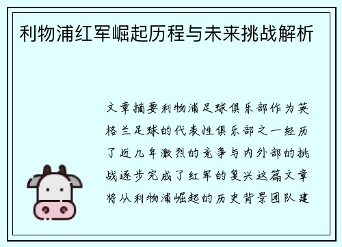 利物浦红军崛起历程与未来挑战解析