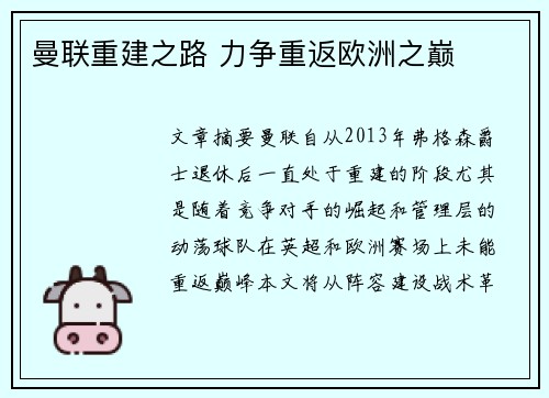 曼联重建之路 力争重返欧洲之巅