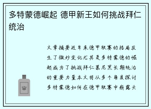 多特蒙德崛起 德甲新王如何挑战拜仁统治